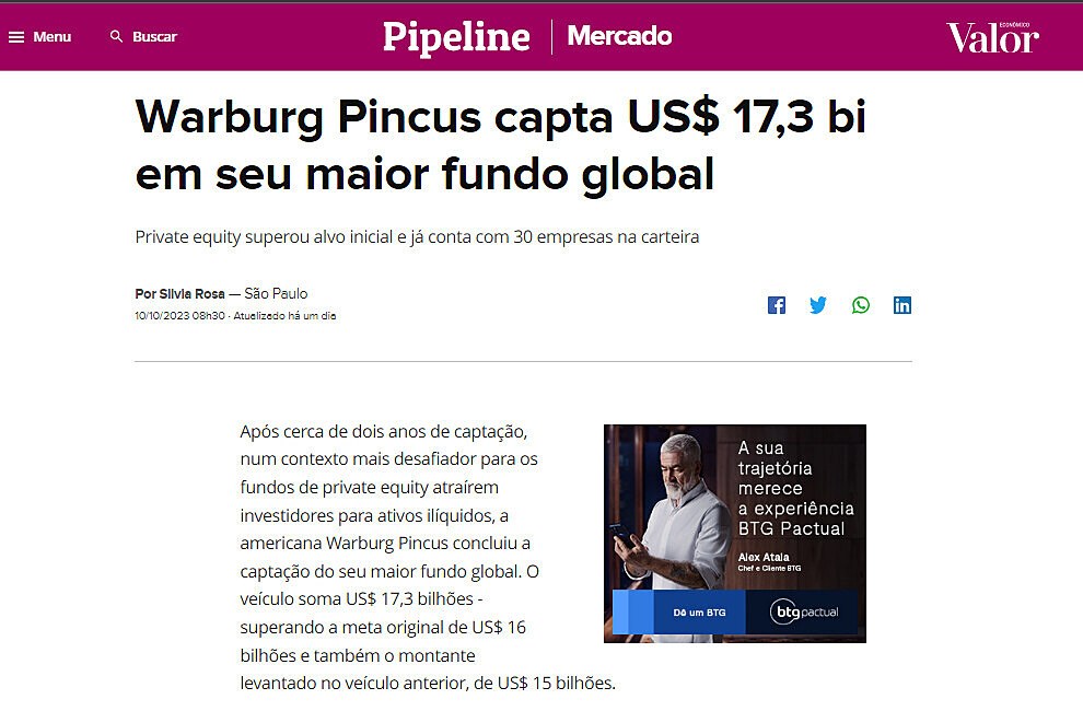 Warburg Pincus capta US$ 17,3 bi em seu maior fundo global